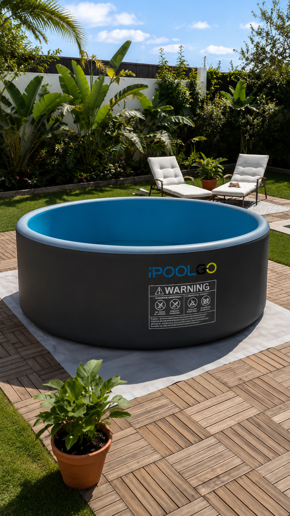 Piscine ronde rigide iPoolgo dans un jardin aménagé