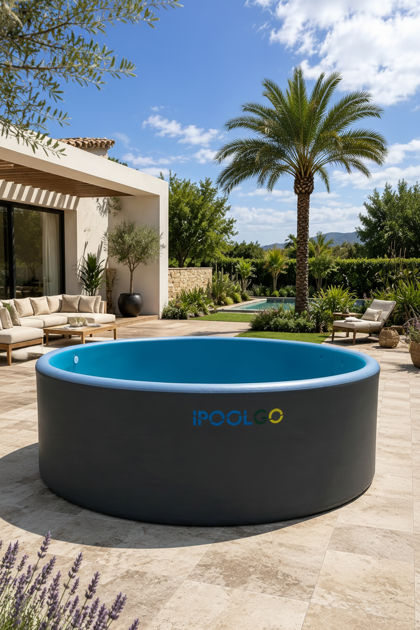 Piscine ronde rigide iPoolgo installée sur une terrasse premium